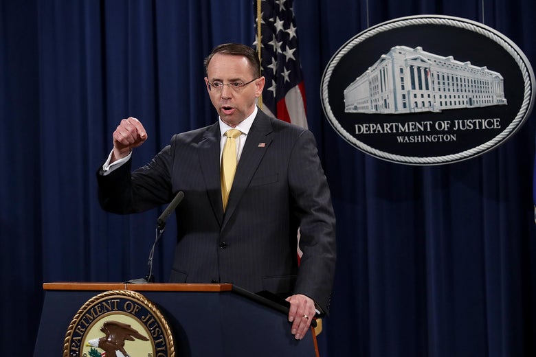WASHINGTON, DC - FEBRUARY 16: U.S. Deputy Attorney General Rod Rosenstein announces the indictment of 13 Russian nationals and 3 Russian organizations for meddling in the 2016 U.S. presidential election February 16, 2018 at the Justice Department in Washington, DC. The indictments are the first charges brought by special counsel Robert Mueller while investigating interference in the election. (Photo by Win McNamee/Getty Images)